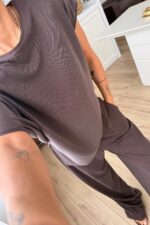 Brn Oversize Asimetrik Tişört Pantolon Takım Kahverengi - Görsel 2