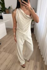 Asimetrik Kayık Yaka Bluz Pantolon Natur - Görsel 2