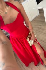 Miss Boyundan Bağlamalı Uzun Elbise Kırmızı - Görsel 3