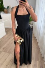 Miss Boyundan Bağlamalı Uzun Elbise Siyah - Görsel 2