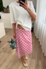 Asimetrik Puantiyeli Tül Etek Pembe Kahverengi - Görsel 2