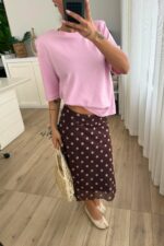 Asimetrik Puantiyeli Tül Etek Kahverengi Pembe - Görsel 2