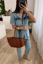 Beli Lastikli Kısa Kollu Denim Tulum - Görsel 2
