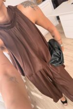 Balon Bluz Kırışık Saten Takım Acı Kahve - Görsel 4