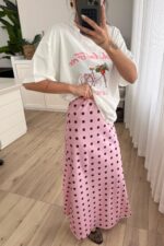 Puantiyeli Midi Saten Etek Pembe - Görsel 2