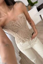 Korse Bağcıklı Bolenli Bluz Bej - Görsel 2