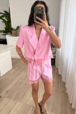Vatkalı Dantel Detaylı Keten Şort Takım Pembe - Görsel 2