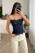 Korse Bağcıklı Bolenli Bluz Lacivert