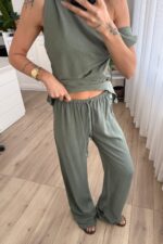 Asimetrik Kayık Yaka Bluz Pantolon Takım Haki - Görsel 2