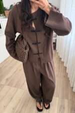 Mariel Mandarin Keten Takım Kahverengi - Görsel 2