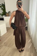 Balon Bluz Kırışık Saten Takım Acı Kahve - Görsel 3