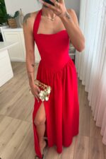 Miss Boyundan Bağlamalı Uzun Elbise Kırmızı - Görsel 2