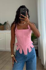 Askılı Balenli Tasarım Bluz Pembe