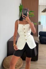 Koubbi Askılı Beli Bağlamalı Yelek Ekru