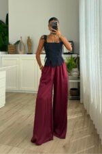 Bol Kesim Saten Pantolon Bordo