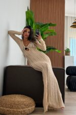 Anandra Boncuk Detaylı Triko Plaj Elbise Bej