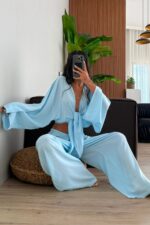 More Önü Bağlamalı Bluz Pantolon Takım Mavi