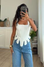 Askılı Balenli Tasarım Bluz Beyaz