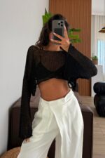 Pullu Ajurlu Plaj Bluz Siyah