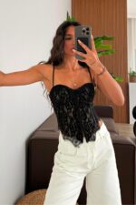 Kadife İşlemeli Balenli Korse Bluz Siyah