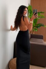 Sırtı Dekolteli Soft Touch Elbise Siyah - Görsel 4
