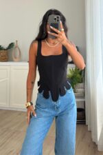 Askılı Balenli Tasarım Bluz Siyah