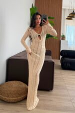 Anandra Boncuk Detaylı Triko Plaj Elbise Bej - Görsel 2
