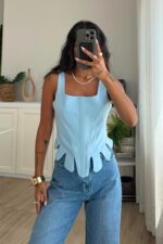 Askılı Balenli Tasarım Bluz Mavi
