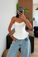 Mocha Balenli Korse Bluz Beyaz