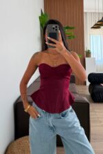 Mocha Balenli Korse Bluz Bordo