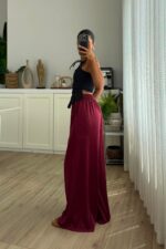 Bol Kesim Saten Pantolon Bordo - Görsel 3
