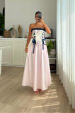 Bel Lastikli Poplin Midi Etek Pembe