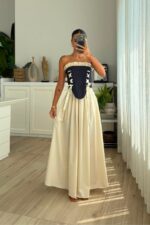 Bel Lastikli Poplin Midi Etek Taş