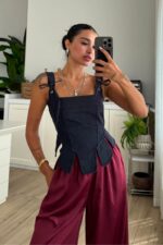 Askısı Bağlamalı Denim Bluz Lacivert