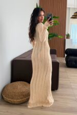Anandra Boncuk Detaylı Triko Plaj Elbise Bej - Görsel 4