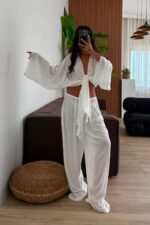 More Önü Bağlamalı Bluz Pantolon Takım Ekru - Görsel 2