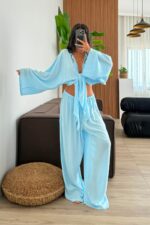 More Önü Bağlamalı Bluz Pantolon Takım Mavi - Görsel 2