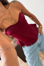 Mocha Balenli Korse Bluz Bordo - Görsel 2