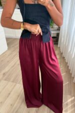 Bol Kesim Saten Pantolon Bordo - Görsel 2