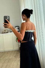 Puantiyeli Kuş Gözlü Straplez Denim Korse - Görsel 3