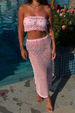 Pullu Crop Etek Plaj Takım Pembe - Görsel 3