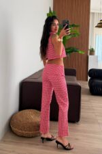 Beli Katlı Pötikare Crop Takım Kırmızı - Görsel 5