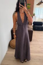 Sere Boyundan Geçirmeli Puantiyeli Elbise Kahverengi - Görsel 2