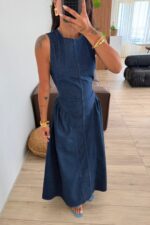 Sırt Dekolteli Denim Lacivert Elbise - Görsel 2