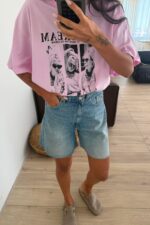 Çapraz Düğmeli Bermuda Kot Şort Mavi - Görsel 2