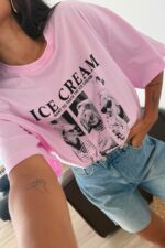 Ice Cream Yazılı Tişört Pembe - Görsel 3