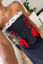 Puantiyeli Kuş Gözlü Straplez Denim Korse - Görsel 2