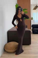 Anandra Boncuk Detaylı Triko Plaj Elbise Kahverengi - Görsel 2