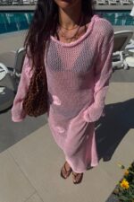 Güllü Sırtı Açık Plaj Elbise Pembe - Görsel 2