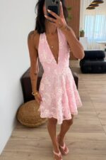 Boyundan Bağlamalı Güpürlü Mini Elbise Pembe - Görsel 3